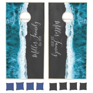 Modern Ocean Waves Beach Family Name or Text  Cornhole Set