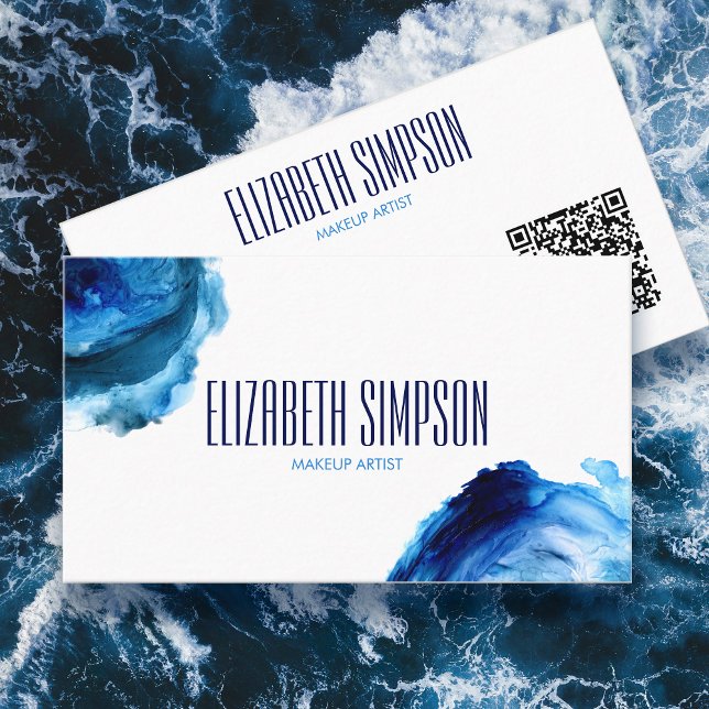 Modern Ocean Waves Blue Watercolor QR Code Business Card (Creator Uploaded)