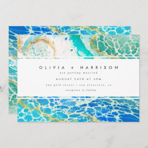 Modern Ocean Waves Turquoise Blue Wedding Invitation