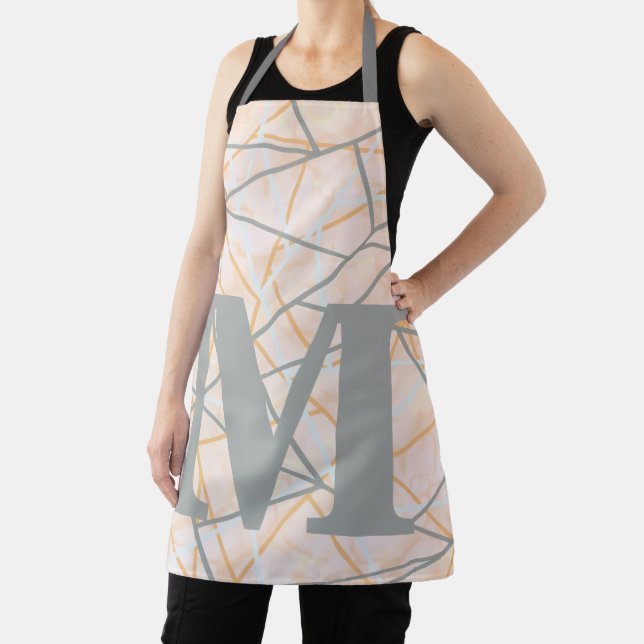Modern Ocher Gray Geometric Lines Monogram Apron (Insitu)