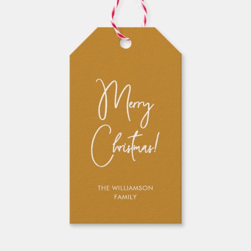 Modern Ochre Calligraphy Script Merry Christmas Gift Tags