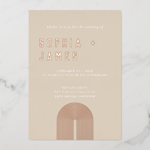 Modern Ochre Orange Boho Arch Wedding Foil Invitation