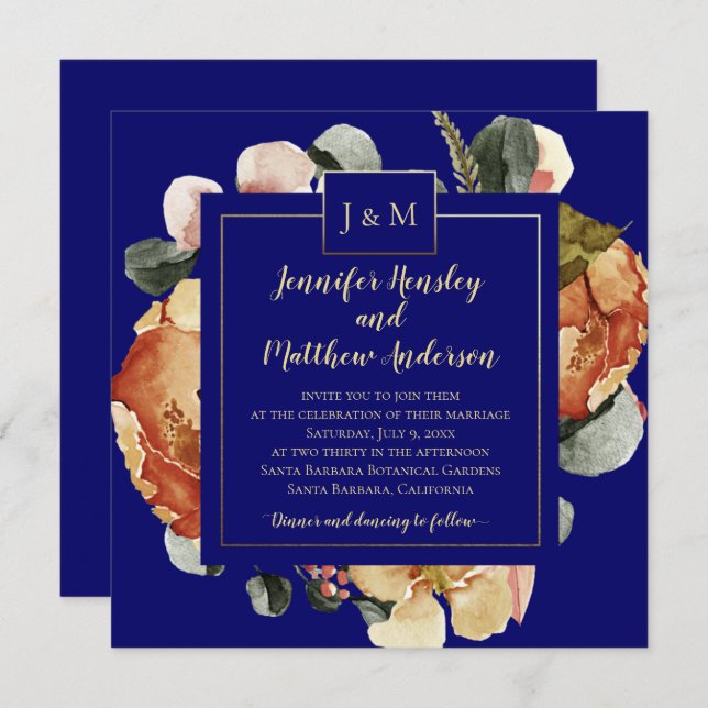Modern October Blooms Navy Blue Monogram Wedding Invitation (Front/Back)
