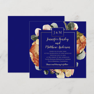 Modern October Blooms Navy Blue Monogram Wedding Invitation