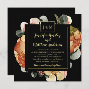 Modern October Blooms on Black Monogram Wedding Invitation