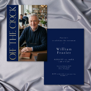 Modern Off Clock Blue Retirement Photo Party Foil Invitation