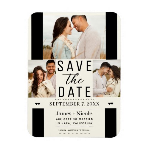 Modern Off White Save the Date 3 Photo Wedding  Magnet