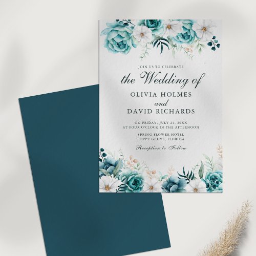 Modern Off_White Teal Floral Wedding Invitation