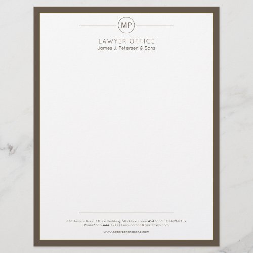 Modern office dark brown white monogram lawyer letterhead