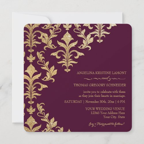 Modern Offset Damask Wedding Invitations Faux Gold