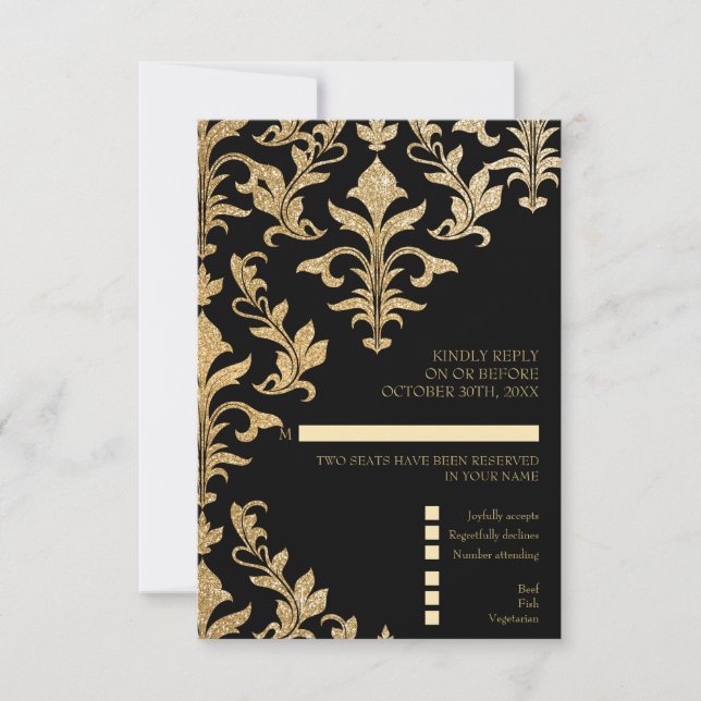 Modern Offset Gold and Black Damask Wedding RSVP Invitation (Front)