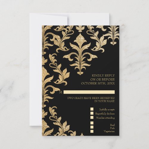 Modern Offset Gold and Black Damask Wedding RSVP Invitation