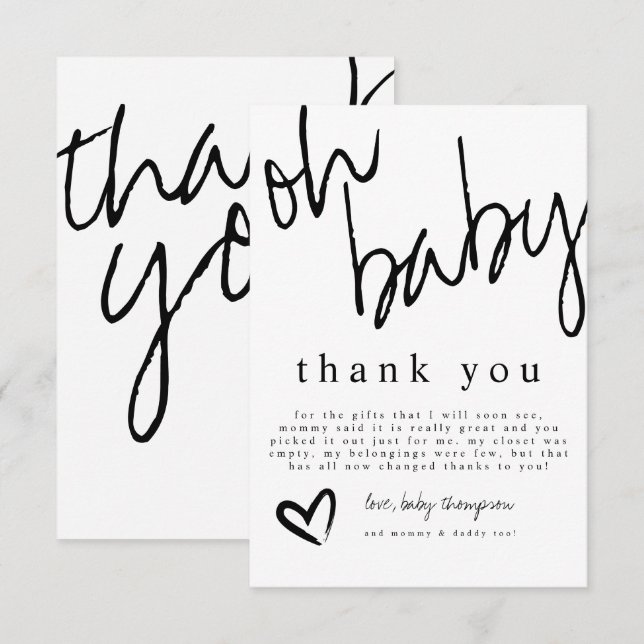 Modern Oh Baby Black & White Baby Shower  Thank You Card (Front/Back)