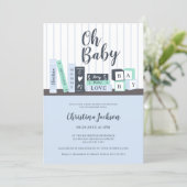 Modern oh baby blue book library shelf baby shower invitation (Standing Front)