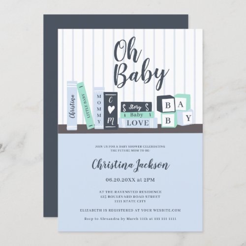 Modern oh baby blue book library shelf baby shower invitation