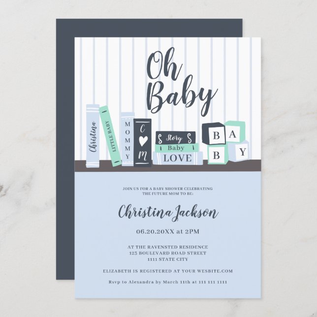 Modern oh baby blue book library shelf baby shower invitation (Front/Back)
