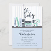 Modern oh baby blue book library shelf baby shower invitation (Front)