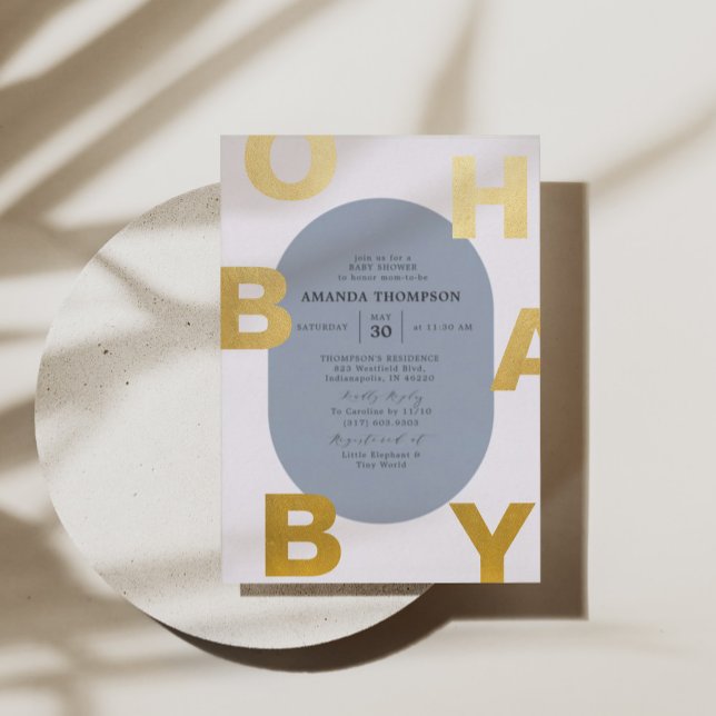 Modern Oh Baby Blue Boy Baby Shower Gold  Foil Invitation (Creator Uploaded)