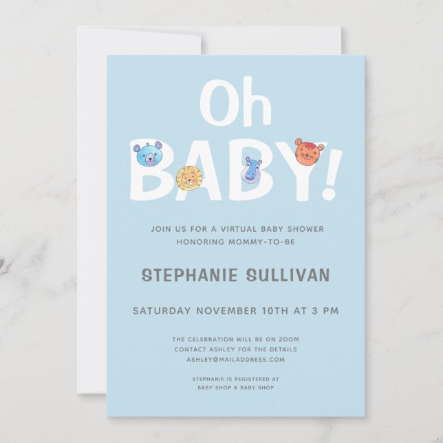 Modern Oh Baby Blue Boy Virtual Baby Shower Invitation (Front)