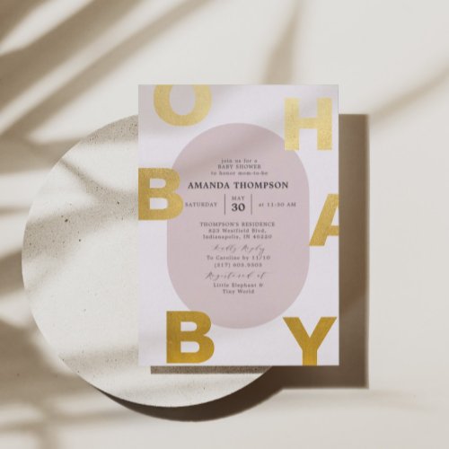 Modern Oh Baby Blush Pink Baby Shower Gold Foil Invitation