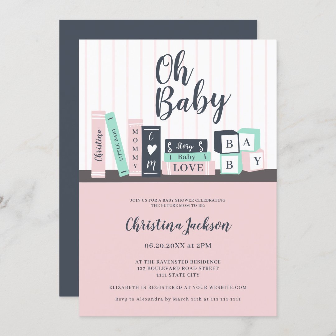 Modern oh baby book library shelf baby shower invitation | Zazzle