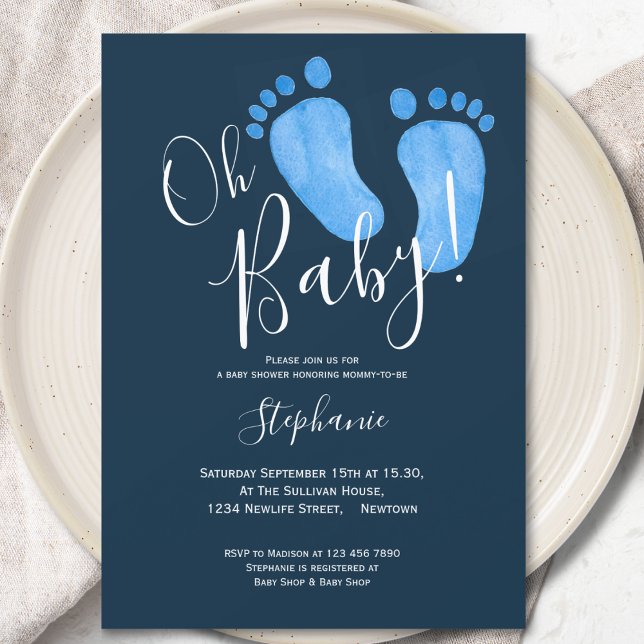 Modern Oh Baby Boy Navy Blue Baby Shower Invitation (Creator Uploaded)