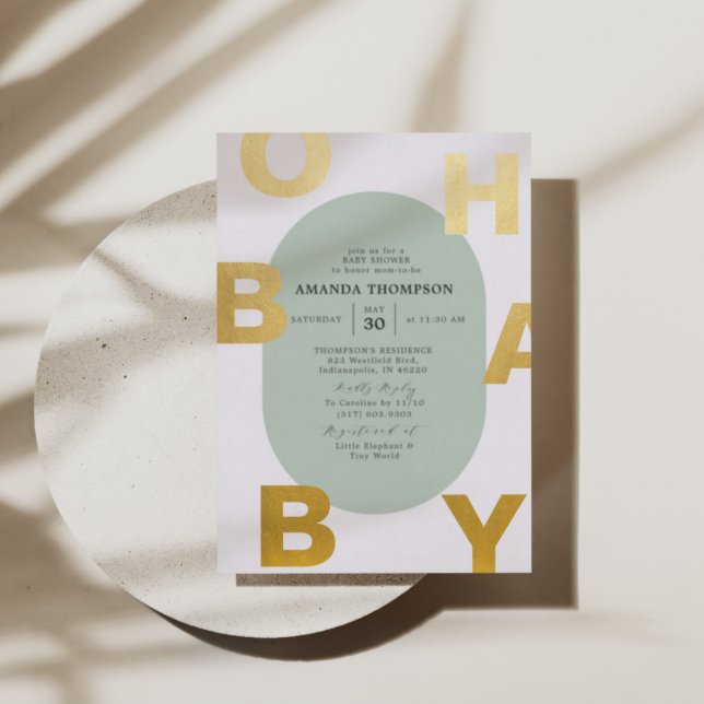 Modern Oh Baby Green Neutral Baby Shower Gold Foil Invitation