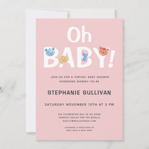 Modern Oh Baby Pink Girl Virtual Baby Shower Invitation
