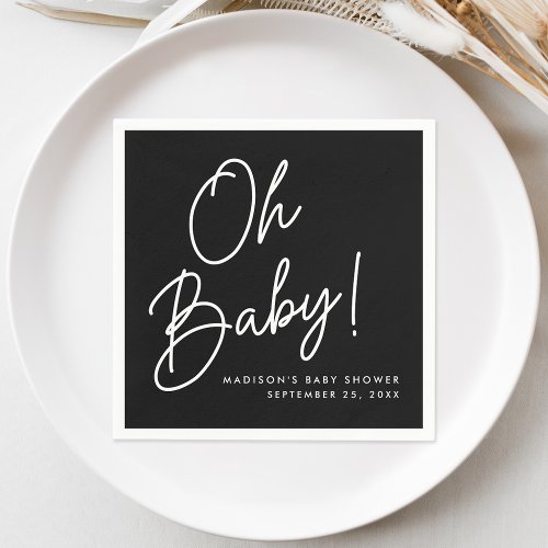 Modern Oh Baby Script Black and White Baby Shower Napkins