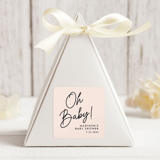 Modern Oh Baby Script Blush Baby Shower Square Sticker (Creator Uploaded)
