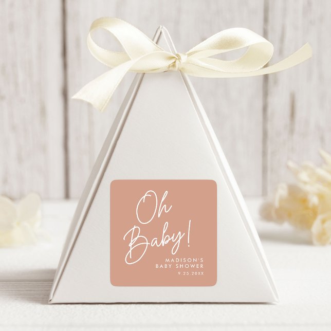 Modern Oh Baby Script Blush Terracotta Baby Shower Square Sticker (Creator Uploaded)