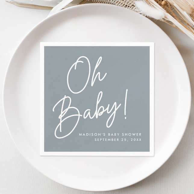 Modern Oh Baby Script Dusty Blue Baby Shower Napkins (Creator Uploaded)