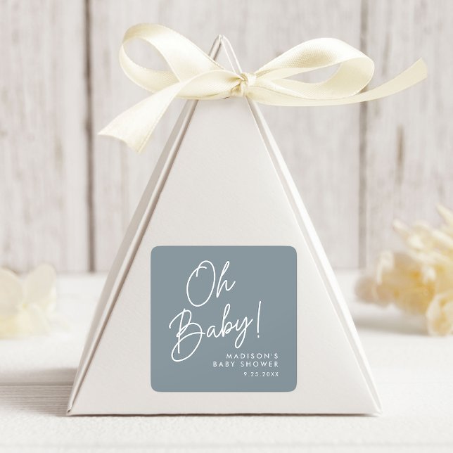Modern Oh Baby Script Dusty Blue Baby Shower Square Sticker (Creator Uploaded)