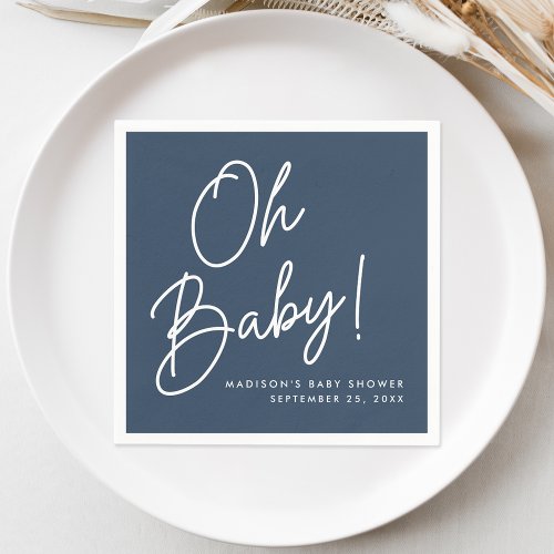 Modern Oh Baby Script Navy Baby Shower Napkins