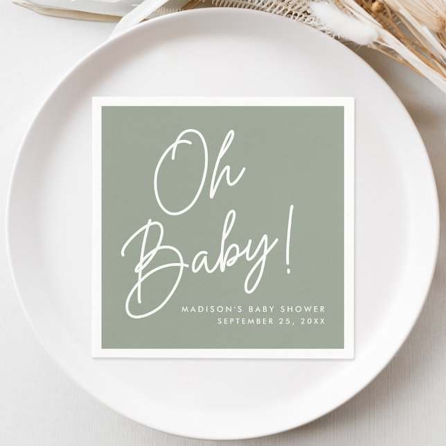Modern Oh Baby Script Sage Green Baby Shower Napkins (Creator Uploaded)