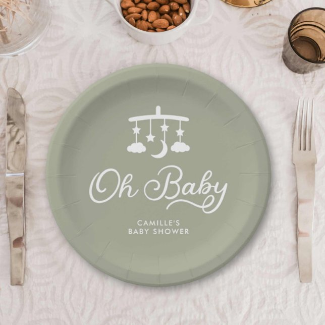 Modern Oh Baby Shower Personalized Paper Plates (Sage Green Oh baby shower paper plates)