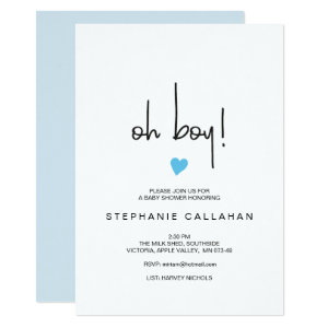 Modern oh boy baby shower invitation | Blue heart