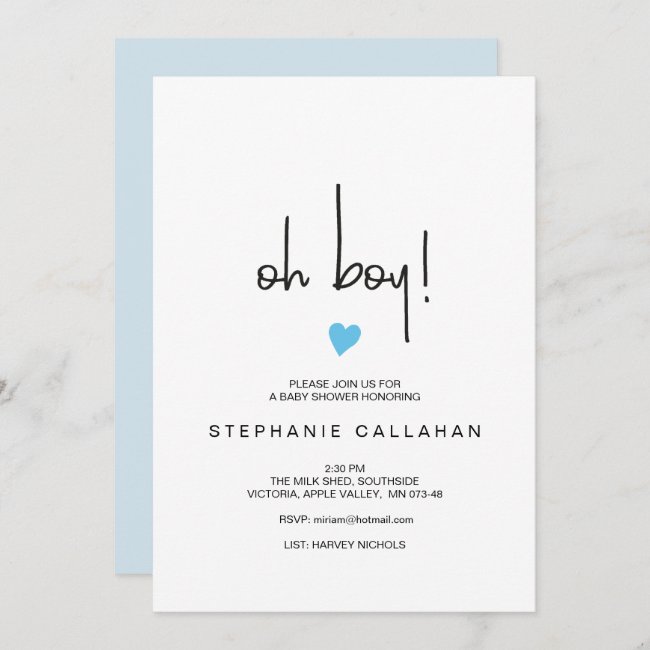 Modern oh boy baby shower invitation | Blue heart