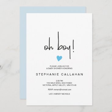 Modern Oh Boy Baby Shower Invitation Blue Heart On Customgiftsmaker Com