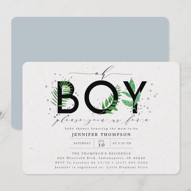 Modern Oh Boy Blue Tropical Greenery Baby Shower Invitation (Front/Back)