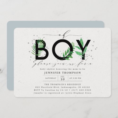 Modern Oh Boy Blue Tropical Greenery Baby Shower Invitation