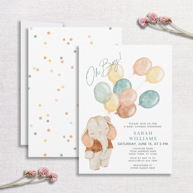 Modern  Oh Boy Elephant Balloons Baby Shower Invitation (Creator Uploaded)