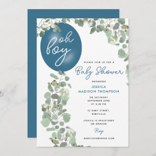 Modern Oh Boy Eucalyptus Blue Balloon Baby Shower Invitation
