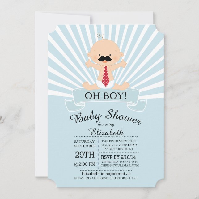 Modern Oh Boy Mustache Boys Baby Shower Invitation (Front)