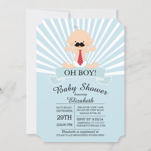 Modern Oh Boy Mustache Boys Baby Shower Invitation