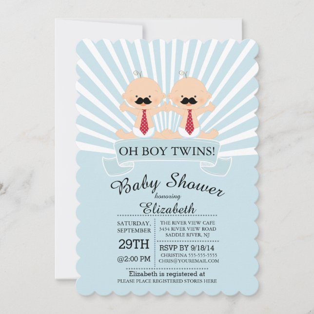 Modern Oh Boy Mustache Twin Boys Baby Shower Invitation (Front)