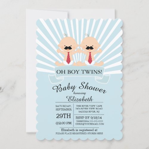 Modern Oh Boy Mustache Twin Boys Baby Shower Invitation