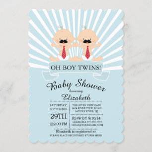 Modern Oh Boy Mustache Twin Boys Baby Shower Invitation
