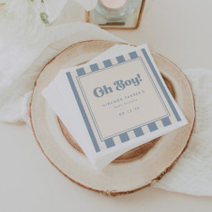 Modern "Oh Boy!" Retro Blue Striped Baby Shower Napkins