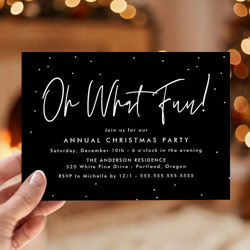 Modern Oh What Fun Script Black Holiday Party Invitation